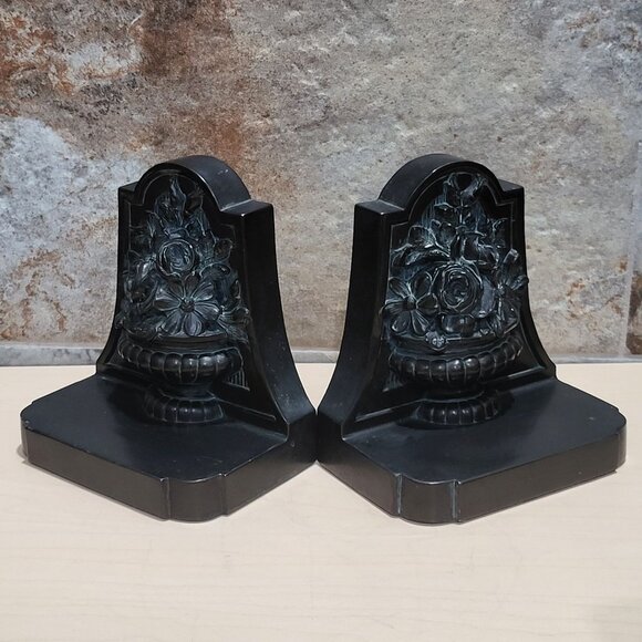 Vintage Pair Floral Rose Pot Metal Bronze Bookends - Picture 4 of 7